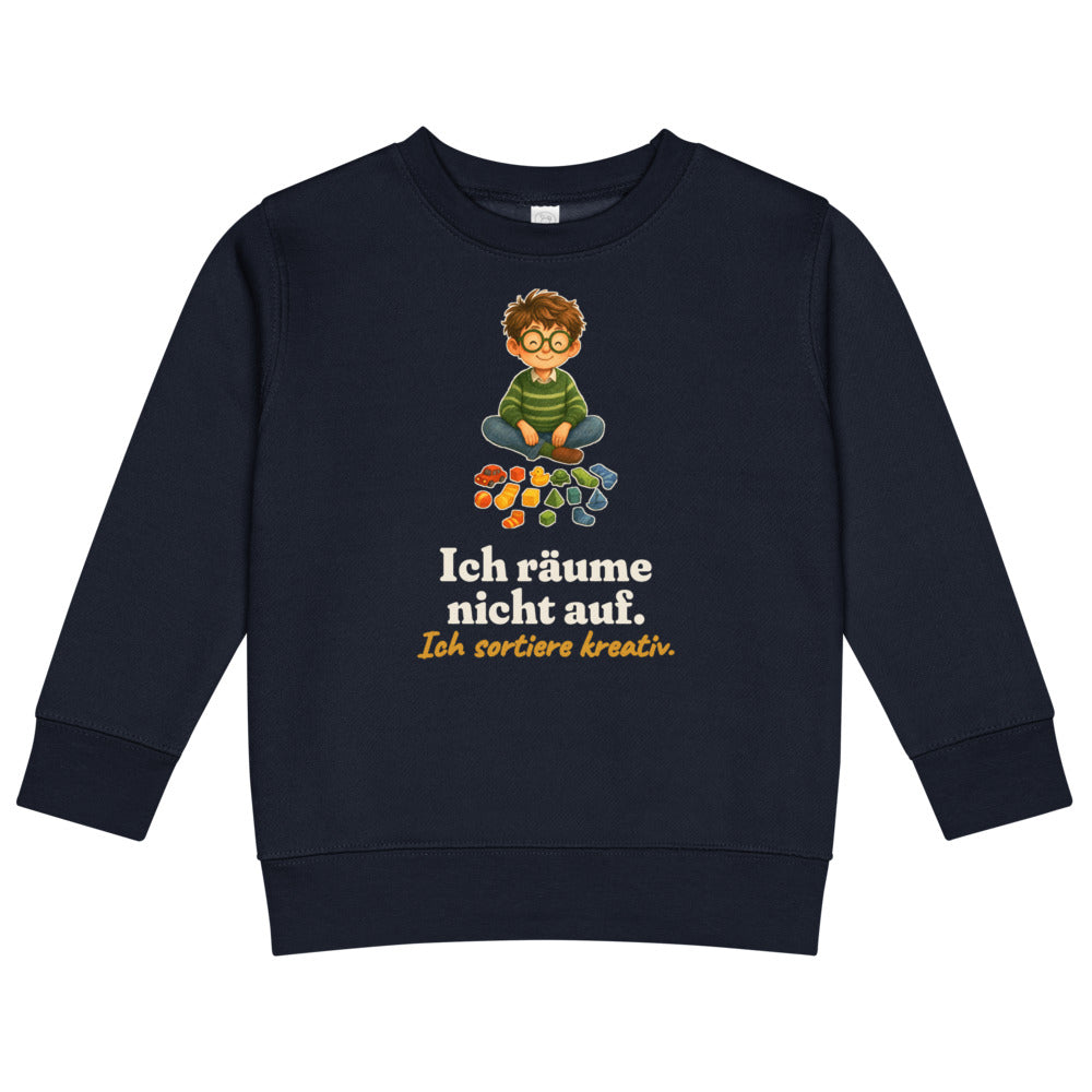 Ich räume nicht auf. Ich sortiere kreativ. — Kinder-Sweatshirt – Nachtblau