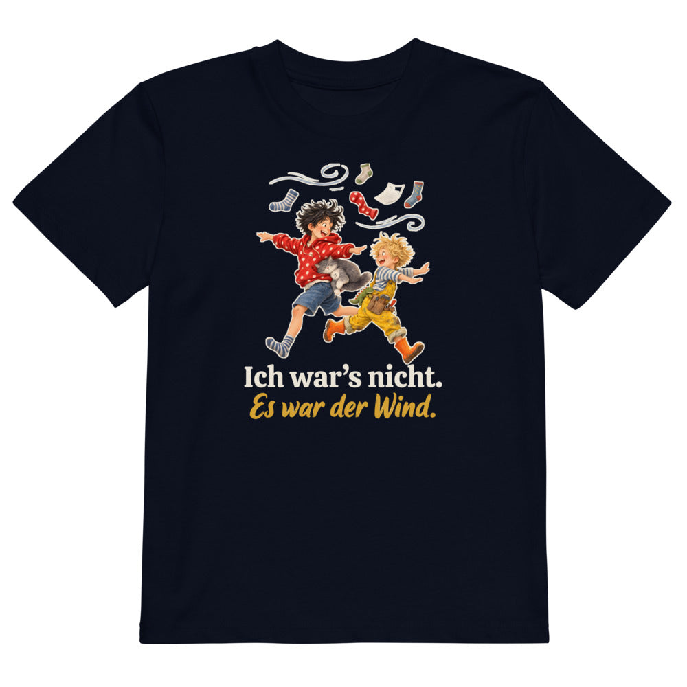 Ich war’s nicht. Es war der Wind. — Bio-Kindershirt – Nachtblau