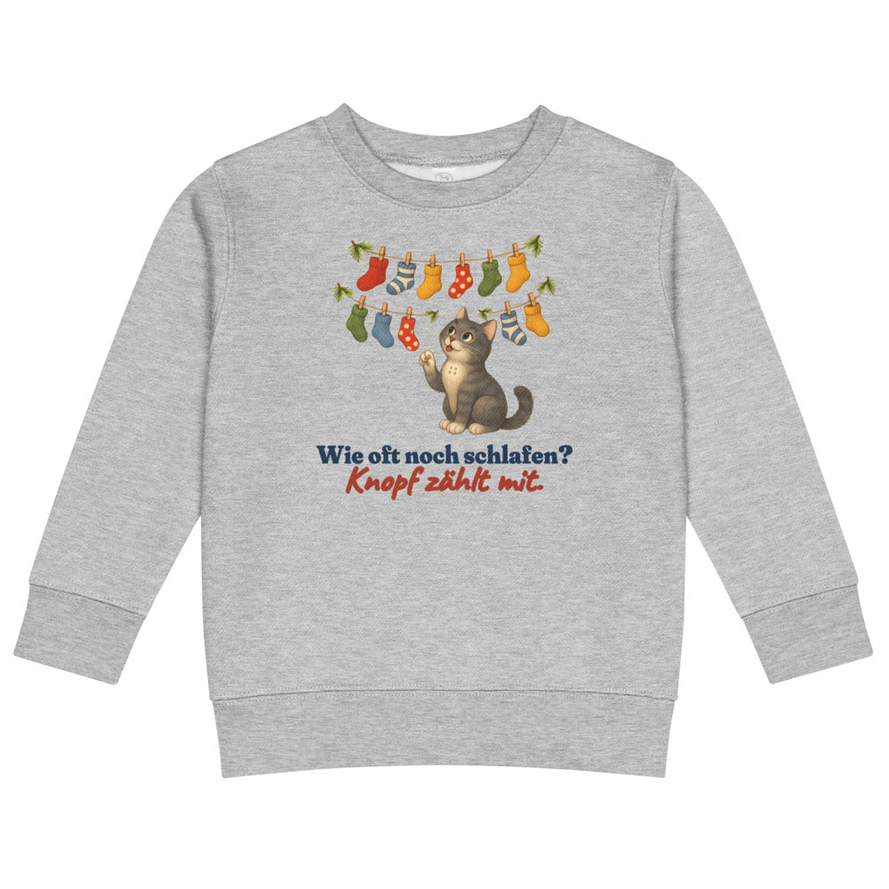 Wie oft noch schlafen? Knopf zählt mit. — Kinder-Sweatshirt – Hellgrau meliert