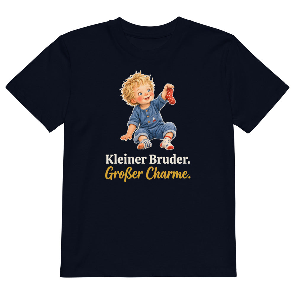 Kleiner Bruder. Großer Charme. — Bio-Kindershirt – Nachtblau
