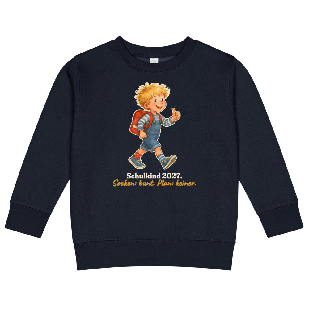 Schulkind 2027. Socken: bunt. Plan: keiner. — Kinder-Sweatshirt – Nachtblau