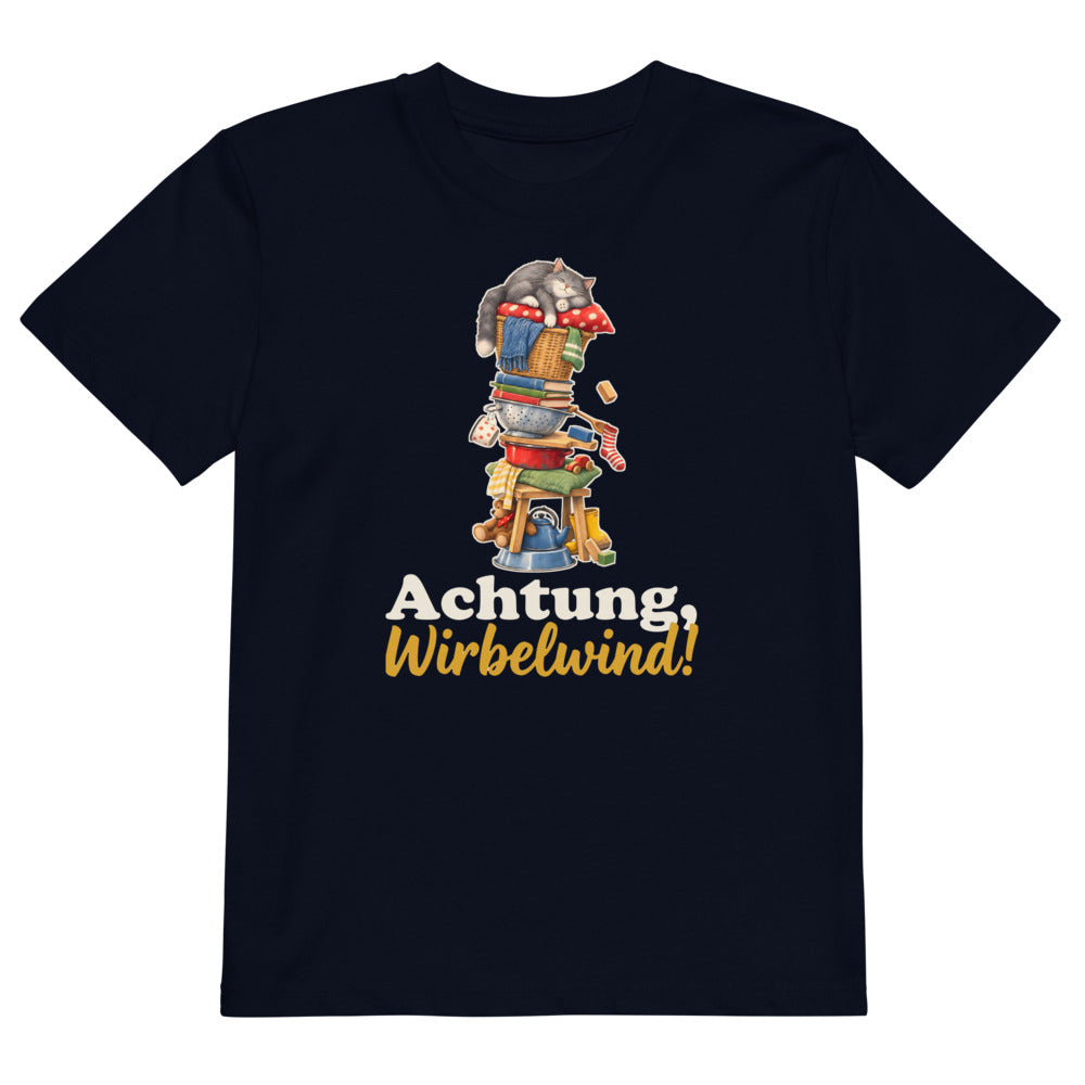 Achtung, Wirbelwind! — Bio-Kindershirt – Nachtblau