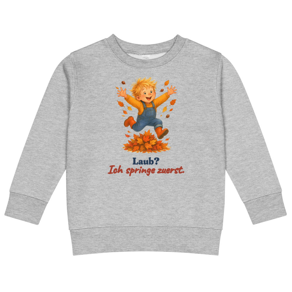 Laub? Ich springe zuerst. — Kinder-Sweatshirt – Hellgrau meliert