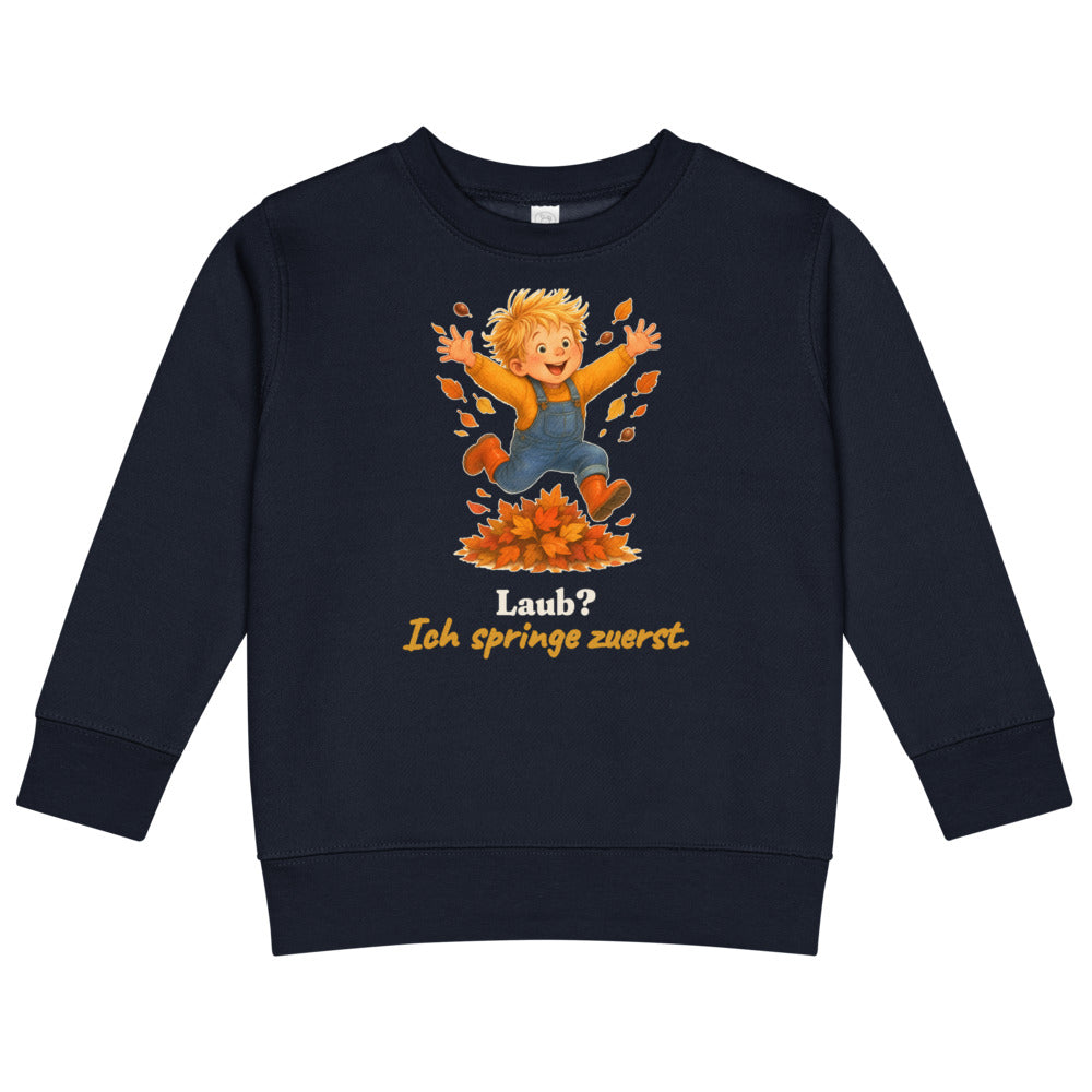Laub? Ich springe zuerst. — Kinder-Sweatshirt – Nachtblau