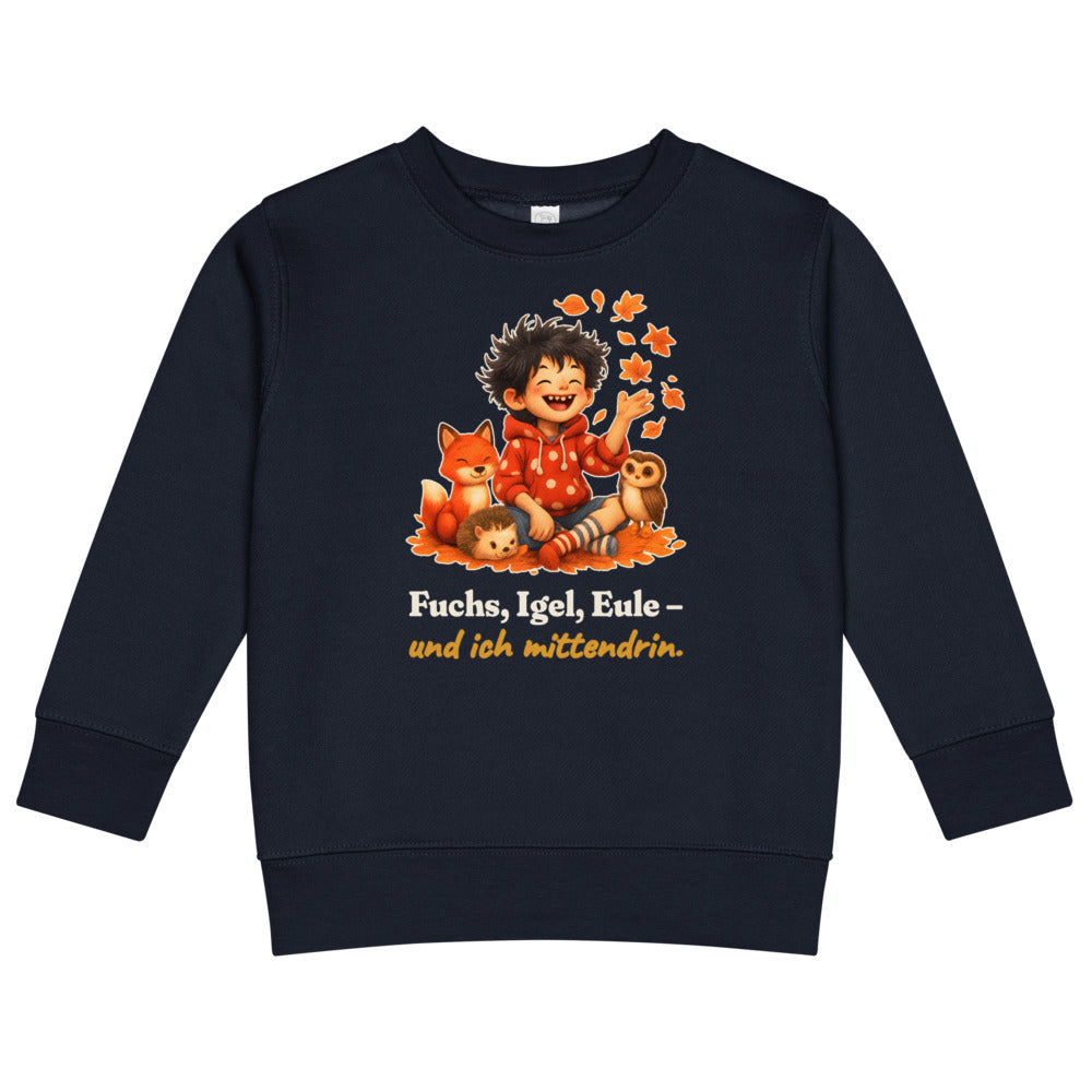 Fuchs, Igel, Eule – und ich mittendrin. — Kinder-Sweatshirt – Nachtblau