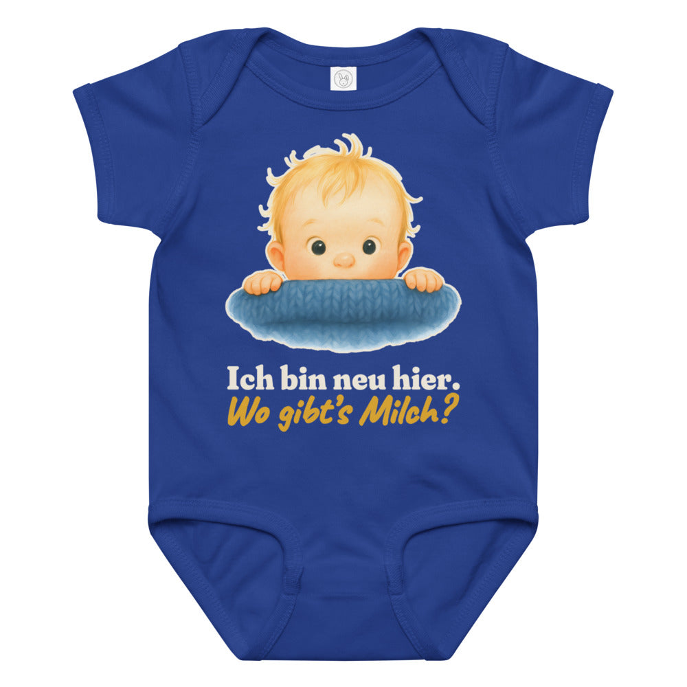 Ich bin neu hier. Wo gibt’s Milch? — Baby-Body – Königsblau