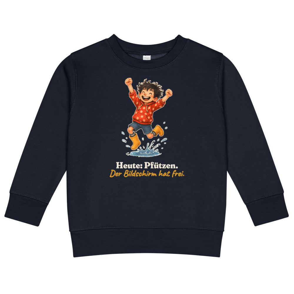 Heute: Pfützen. Der Bildschirm hat frei. — Kinder-Sweatshirt – Nachtblau