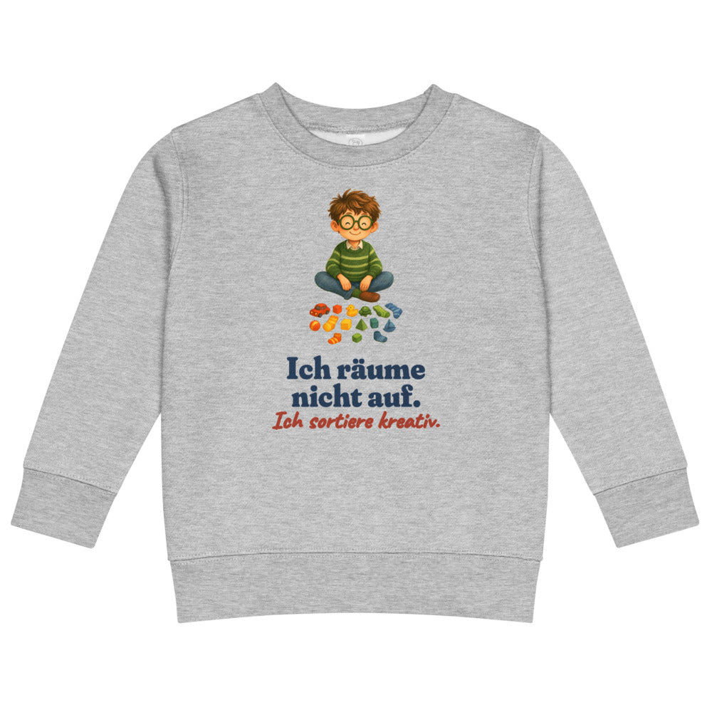 Ich räume nicht auf. Ich sortiere kreativ. — Kinder-Sweatshirt – Hellgrau meliert