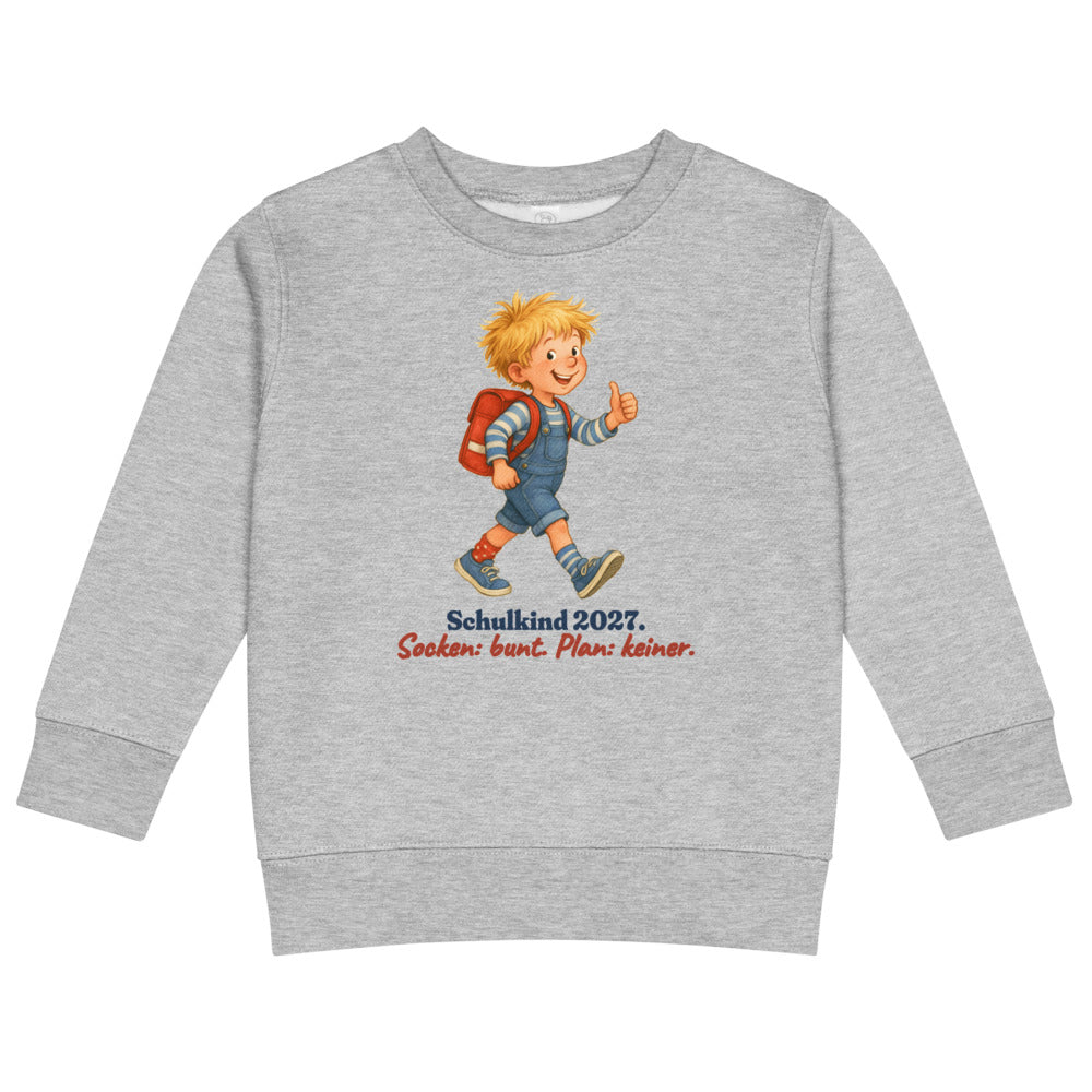Schulkind 2027. Socken: bunt. Plan: keiner. — Kinder-Sweatshirt – Hellgrau meliert