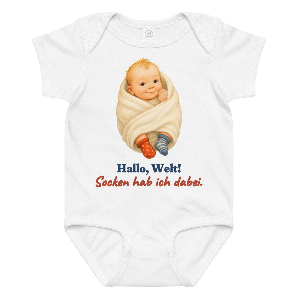 Hallo, Welt! Socken hab ich dabei. — Baby-Body – Produktfoto