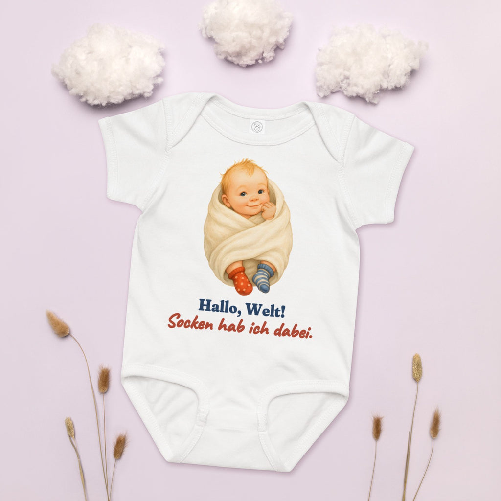 Hallo, Welt! Socken hab ich dabei. — Baby-Body – Produktfoto