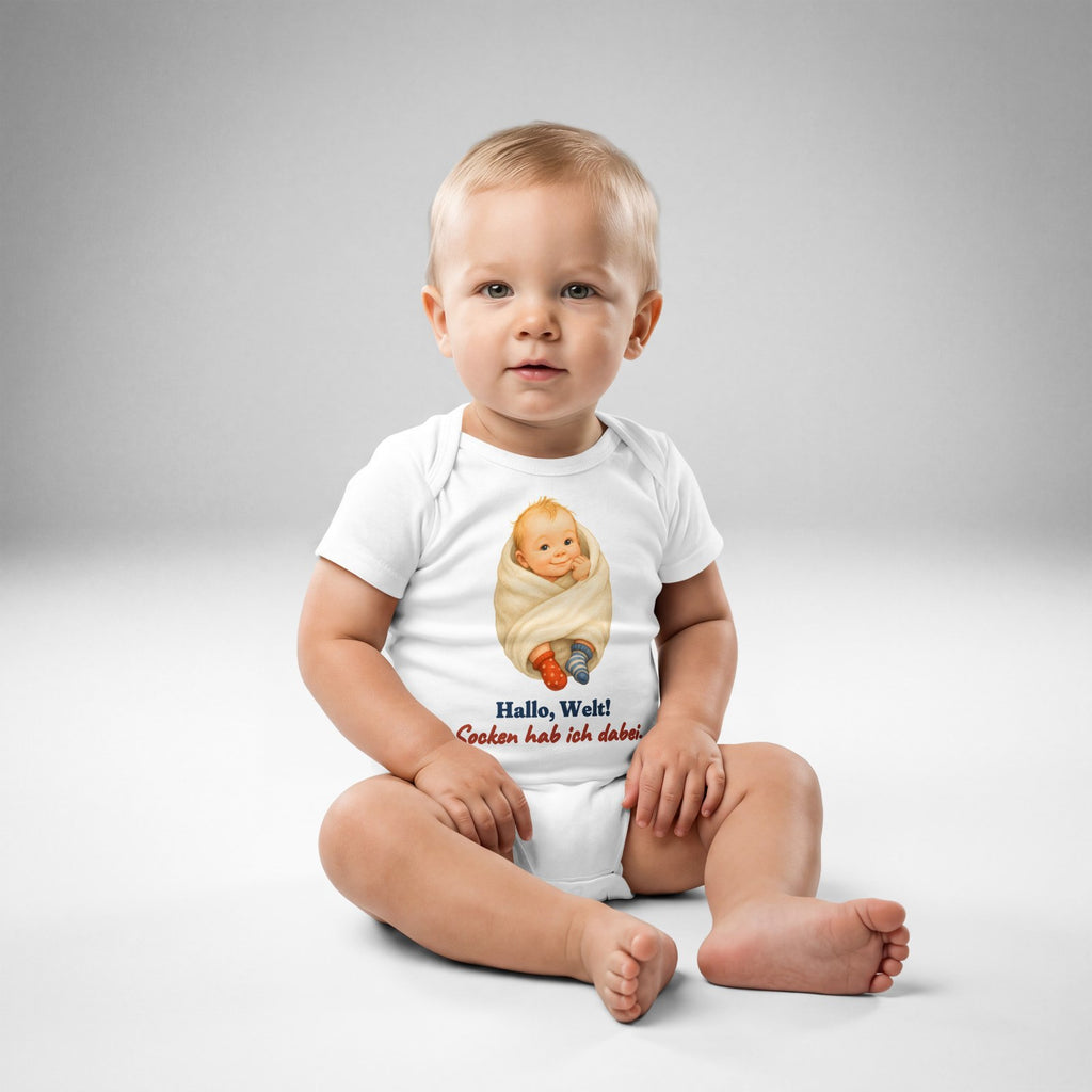Hallo, Welt! Socken hab ich dabei. — Baby-Body – Produktfoto