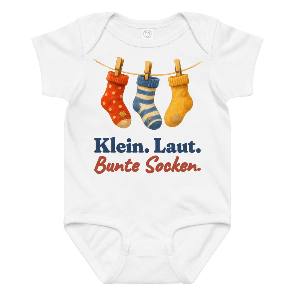 Klein. Laut. Bunte Socken. — Baby-Body – Produktfoto