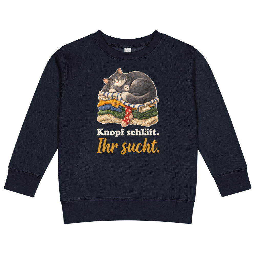 Knopf schläft. Ihr sucht. — Kinder-Sweatshirt – Nachtblau