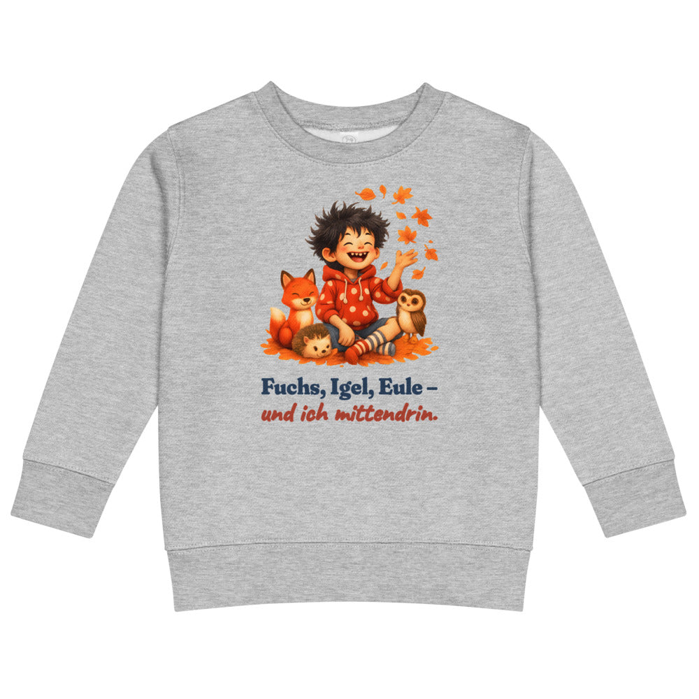 Fuchs, Igel, Eule – und ich mittendrin. — Kinder-Sweatshirt – Hellgrau meliert