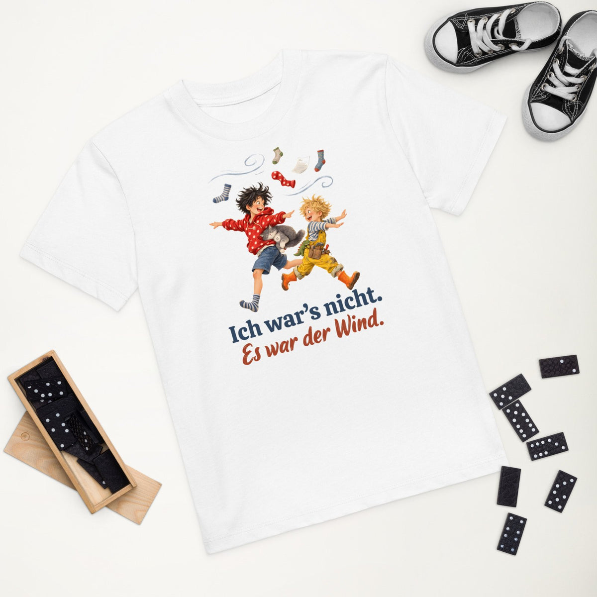 Ich war’s nicht. Es war der Wind. — Bio-Kindershirt – Produktfoto