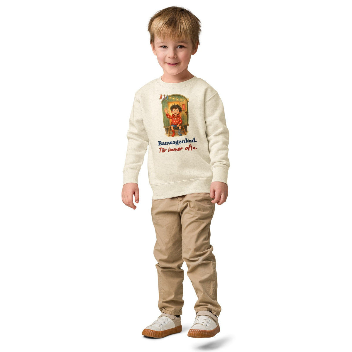 Bauwagenkind. Tür immer offen. — Kinder-Sweatshirt – Produktfoto