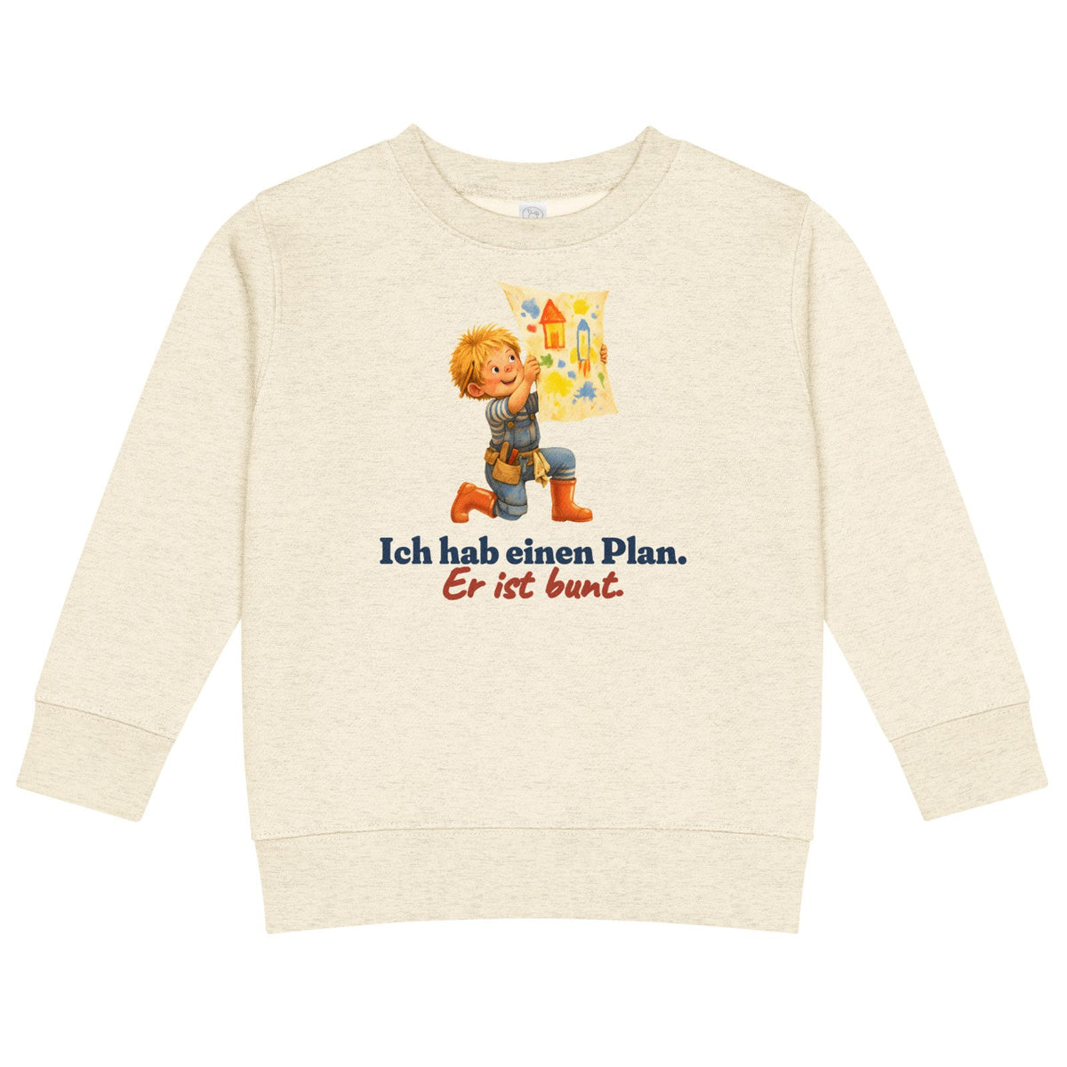 Ich hab einen Plan. Er ist bunt. — Kinder-Sweatshirt – Produktfoto