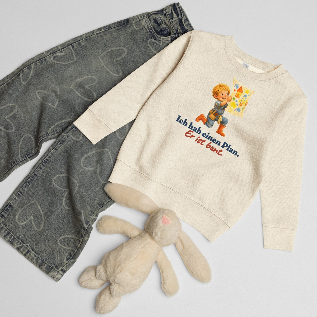 Ich hab einen Plan. Er ist bunt. — Kinder-Sweatshirt – Produktfoto