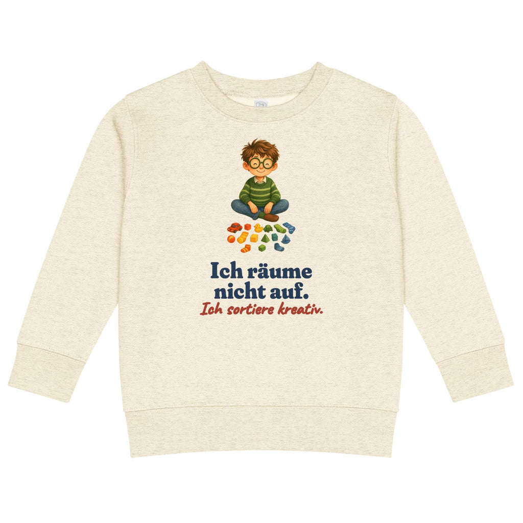 Ich räume nicht auf. Ich sortiere kreativ. — Kinder-Sweatshirt – Produktfoto