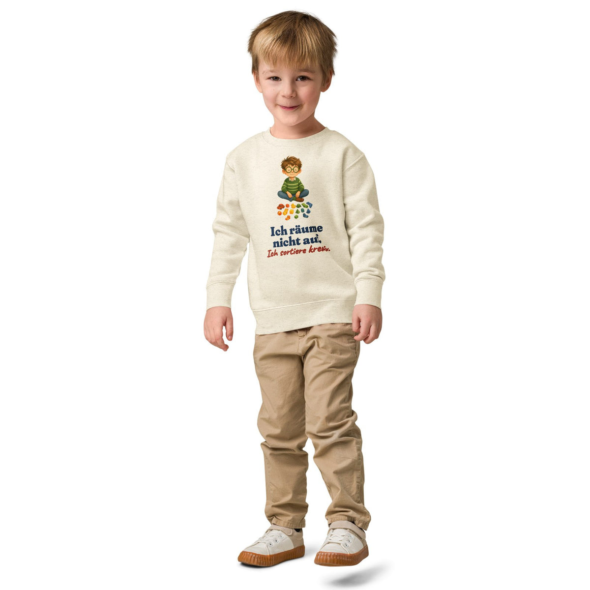 Ich räume nicht auf. Ich sortiere kreativ. — Kinder-Sweatshirt – Produktfoto