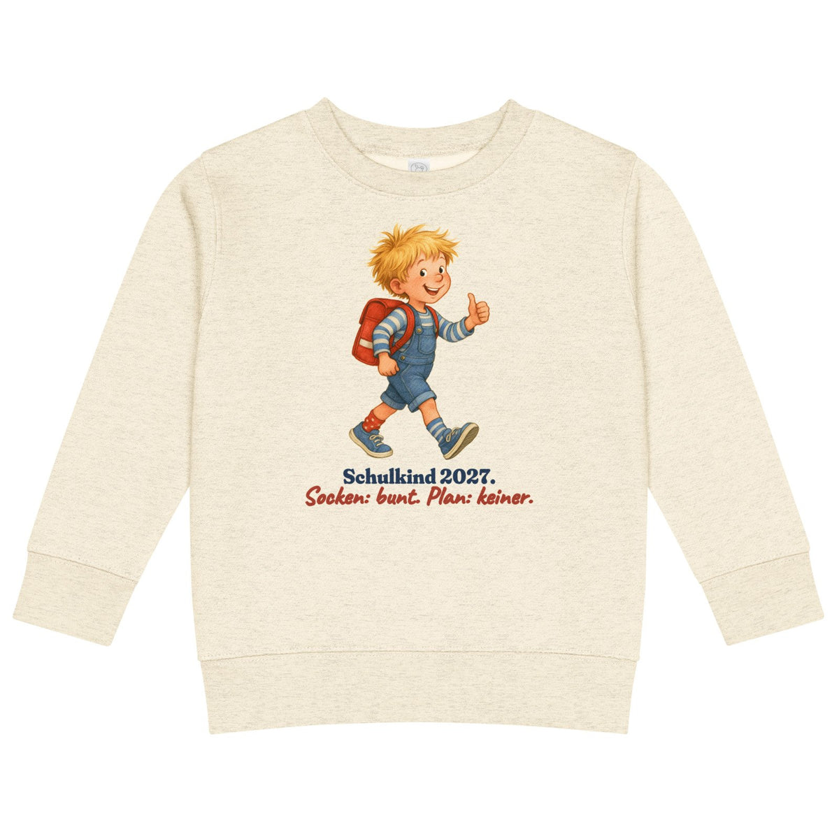 Schulkind 2027. Socken: bunt. Plan: keiner. — Kinder-Sweatshirt – Produktfoto