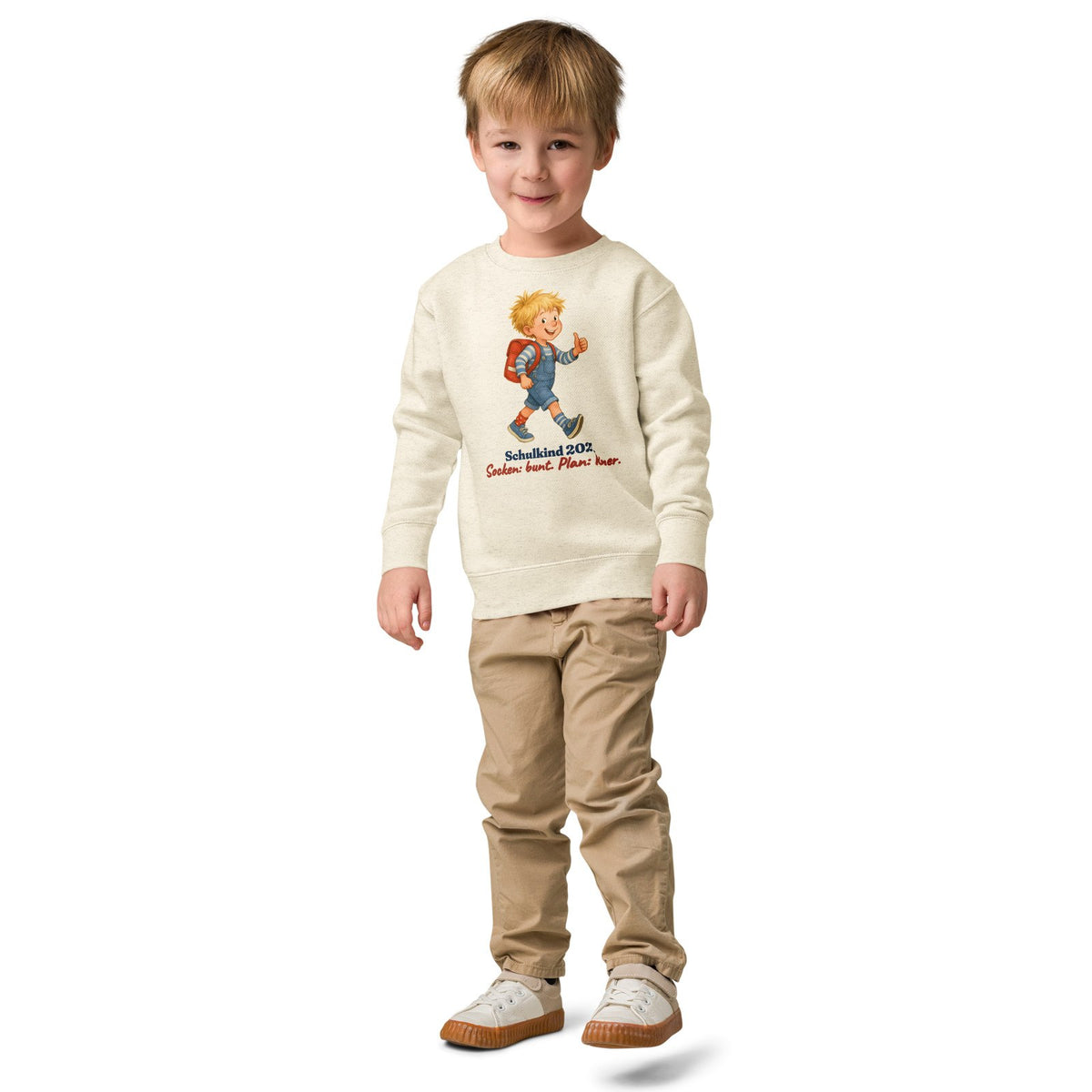 Schulkind 2027. Socken: bunt. Plan: keiner. — Kinder-Sweatshirt – Produktfoto