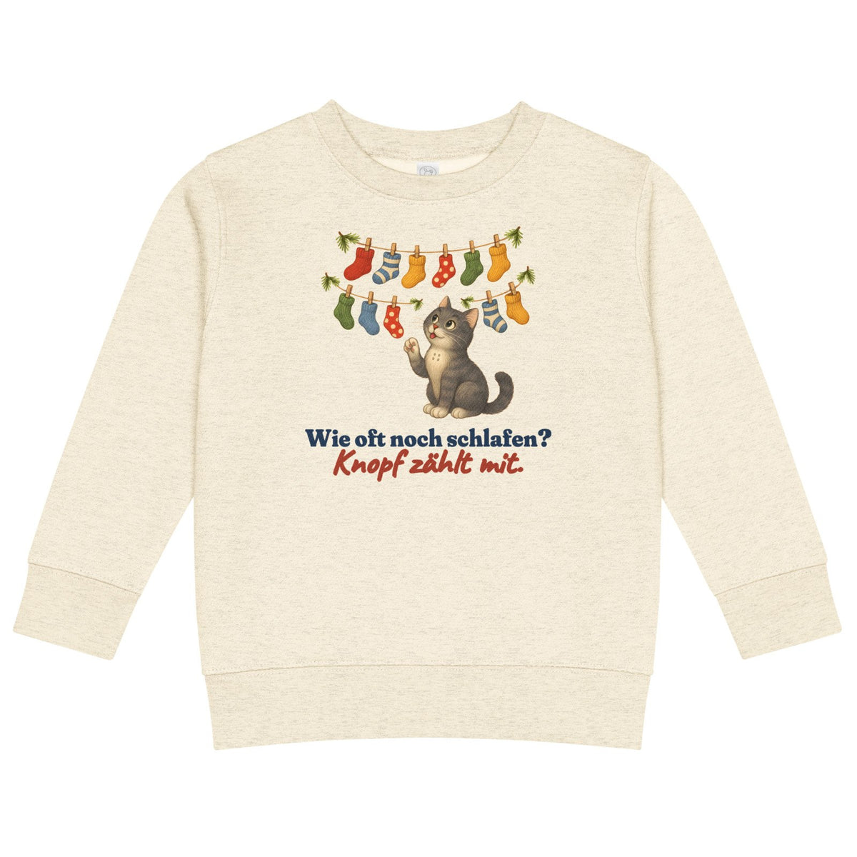 Wie oft noch schlafen? Knopf zählt mit. — Kinder-Sweatshirt – Produktfoto