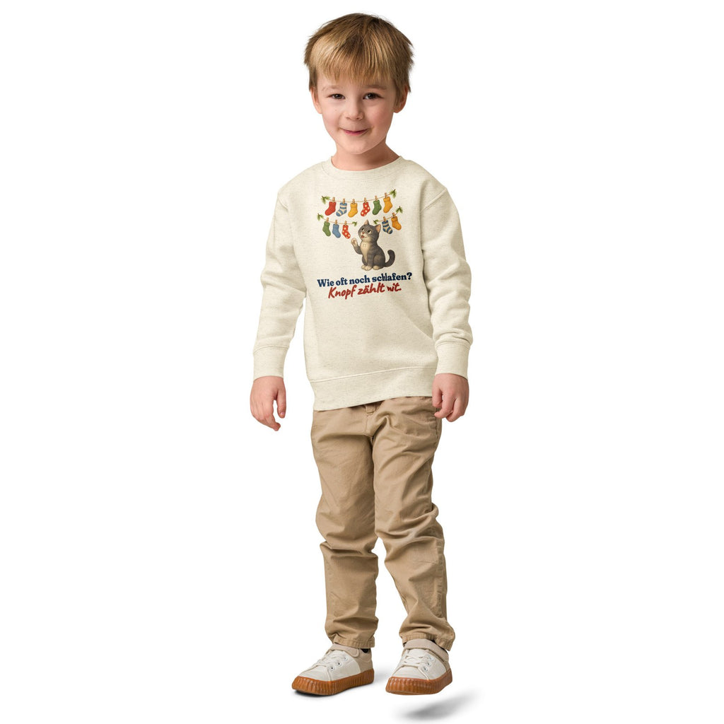 Wie oft noch schlafen? Knopf zählt mit. — Kinder-Sweatshirt – Produktfoto