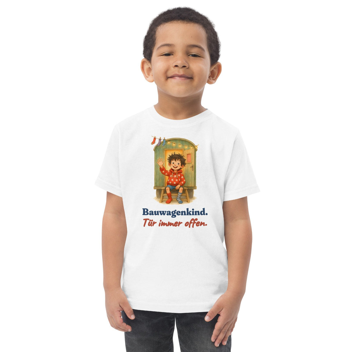 Bauwagenkind. Tür immer offen. — Kleinkind-Shirt – Produktfoto
