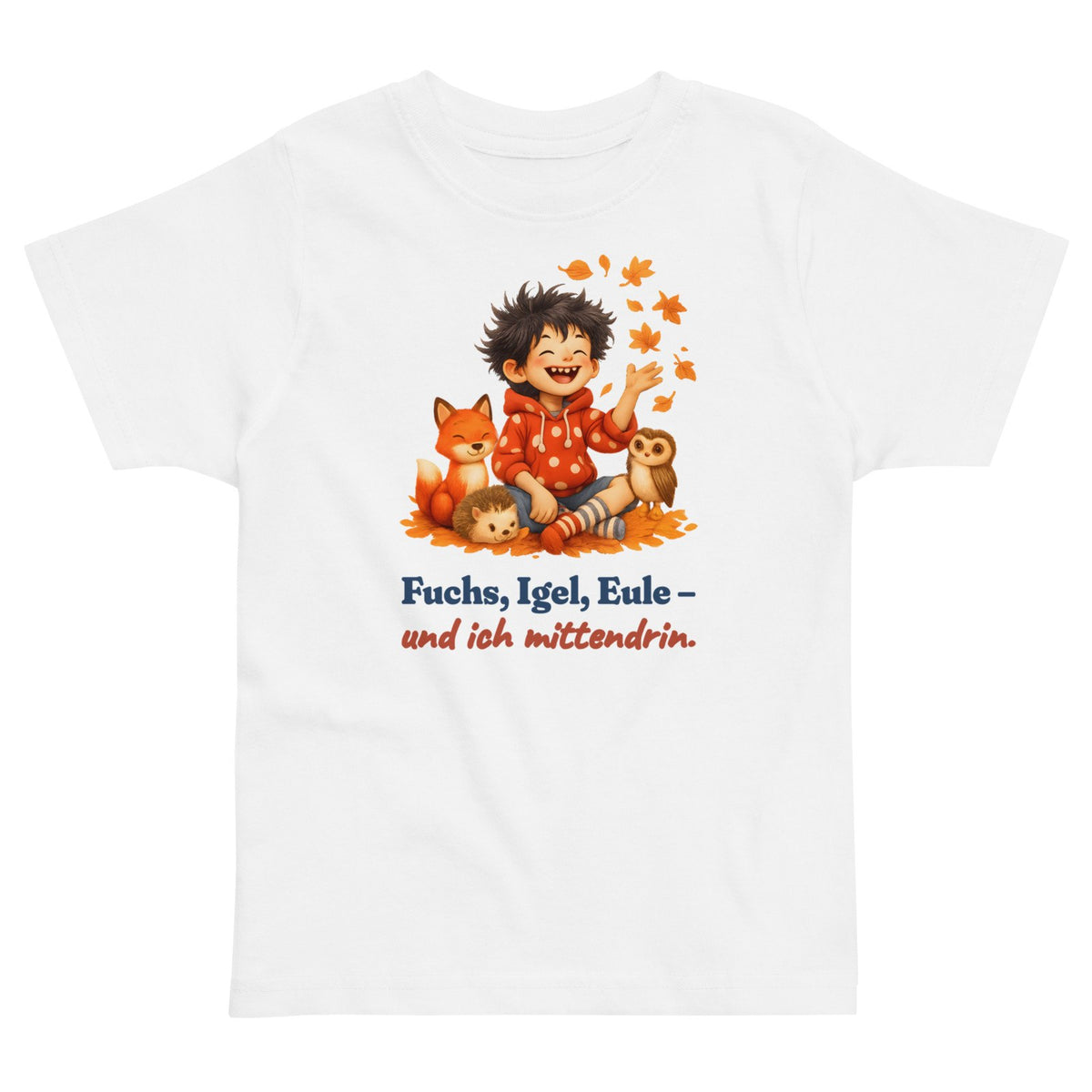 Fuchs, Igel, Eule – und ich mittendrin. — Kleinkind-Shirt – Produktfoto