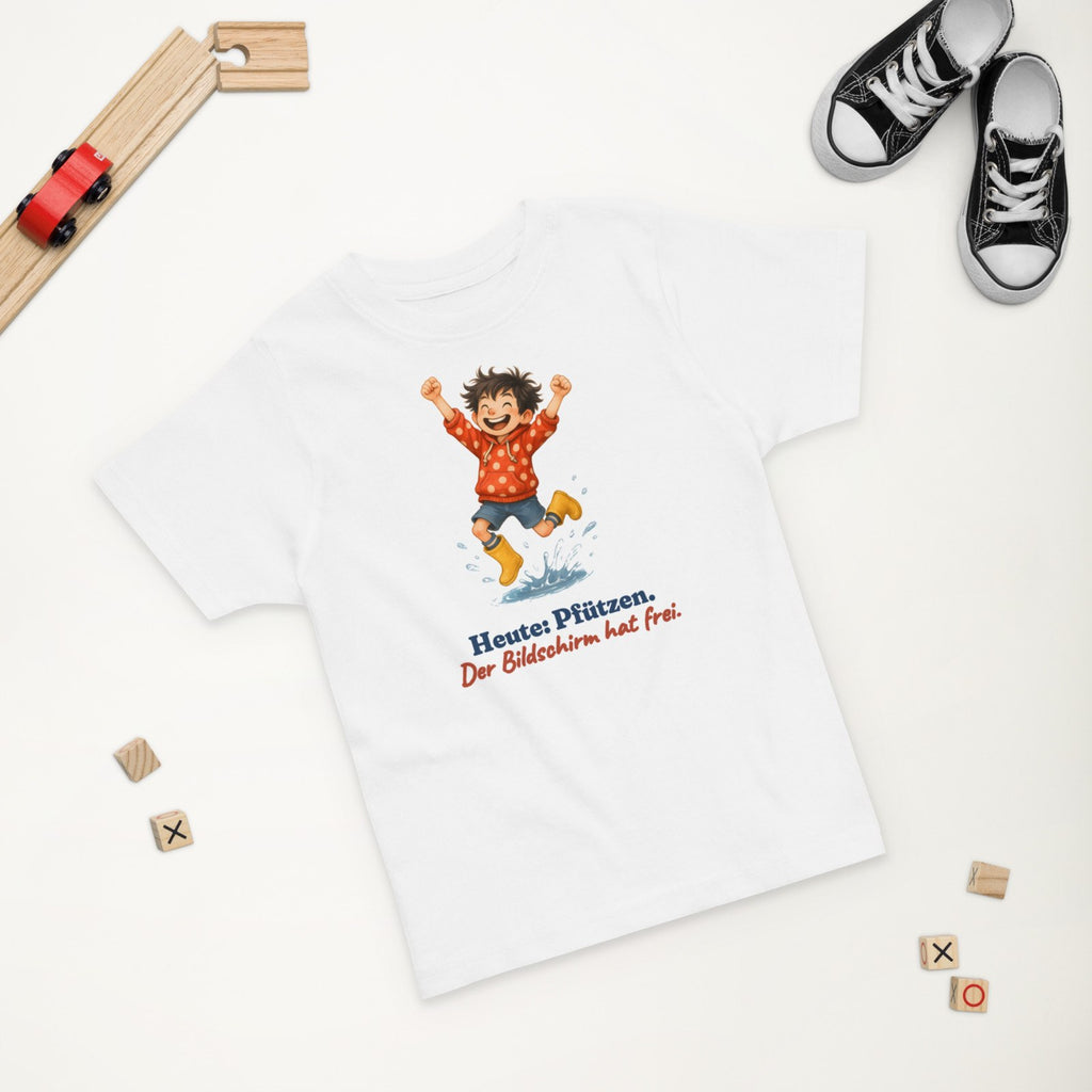 Heute: Pfützen. Der Bildschirm hat frei. — Kleinkind-Shirt – Produktfoto