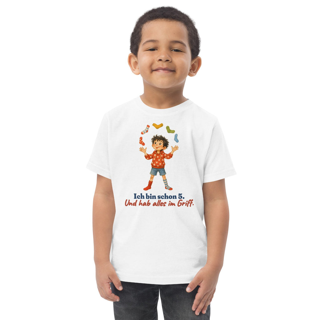 Ich bin schon 5. Und hab alles im Griff. — Kleinkind-Shirt – Produktfoto