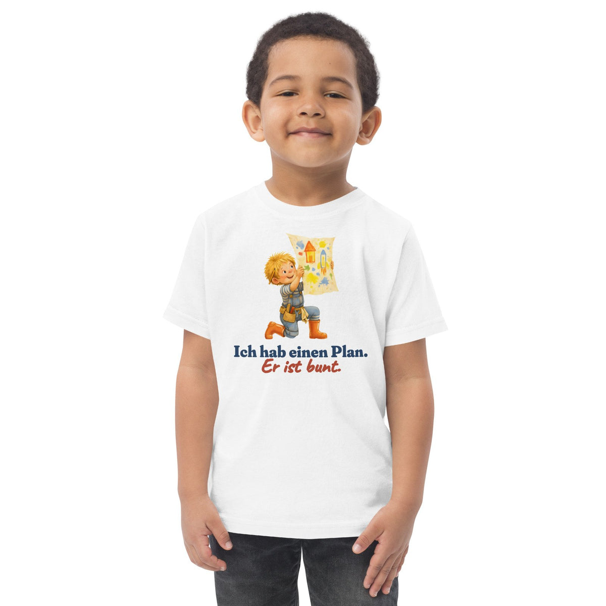 Ich hab einen Plan. Er ist bunt. — Kleinkind-Shirt – Produktfoto