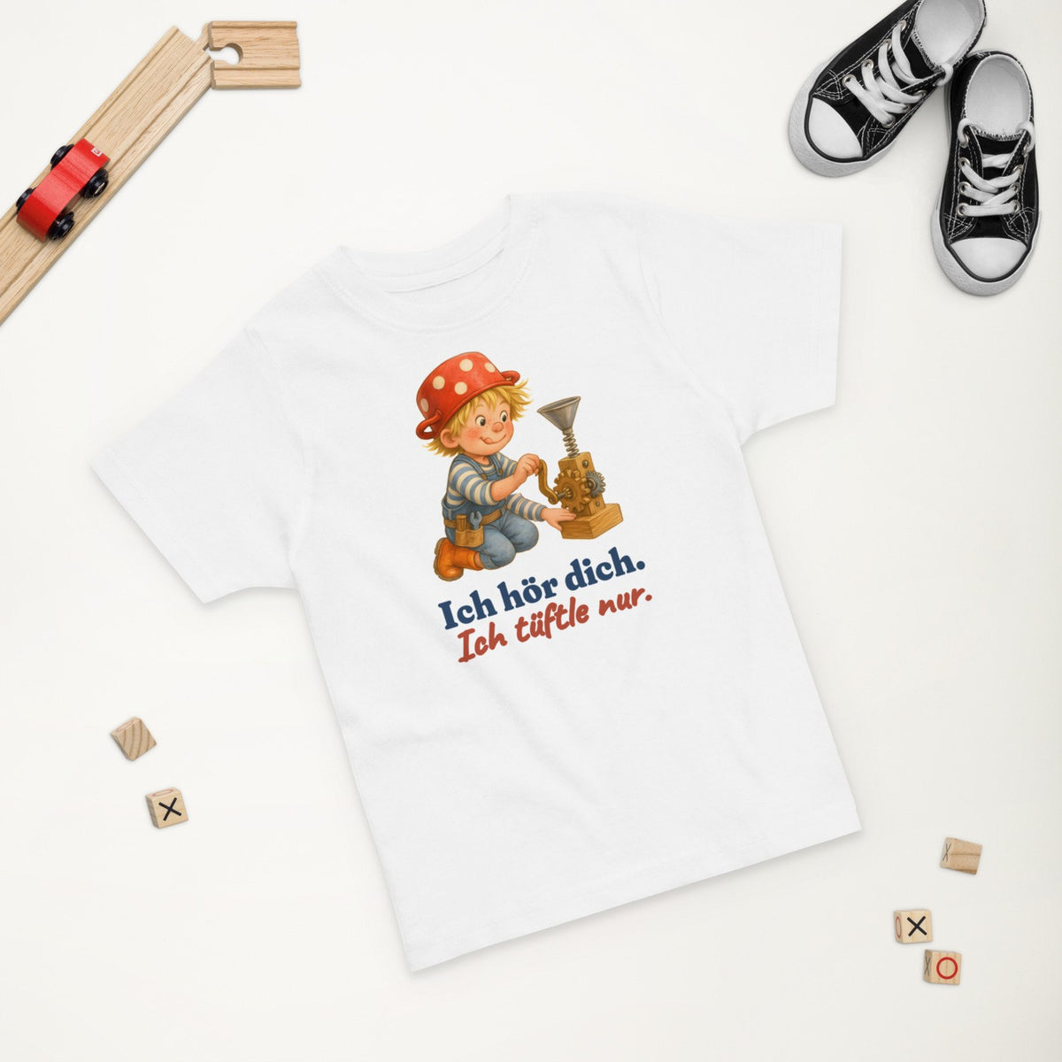 Ich hör dich. Ich tüftle nur. — Kleinkind-Shirt – Produktfoto