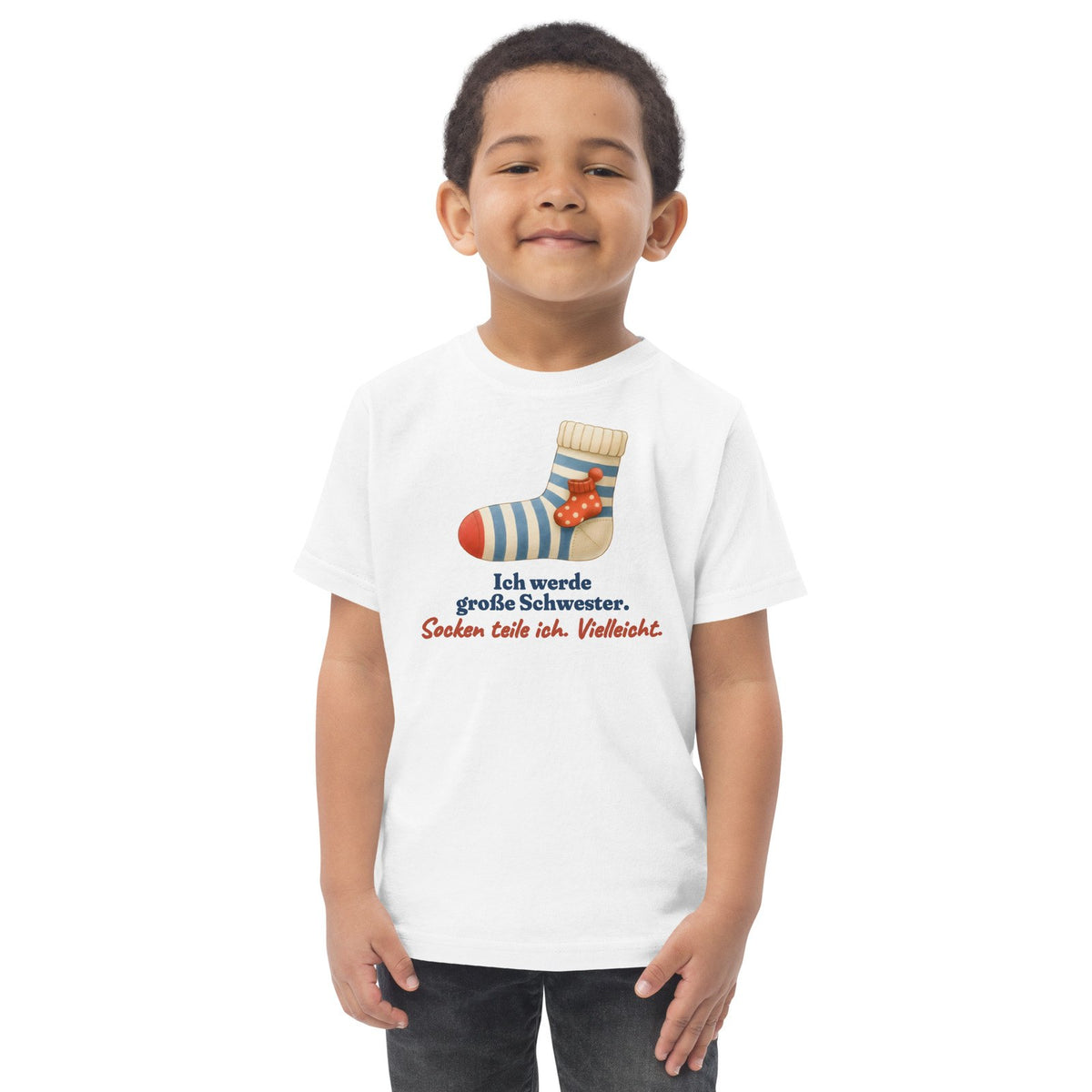 Ich werde große Schwester. Socken teile ich. Vielleicht. — Kleinkind-Shirt – Produktfoto
