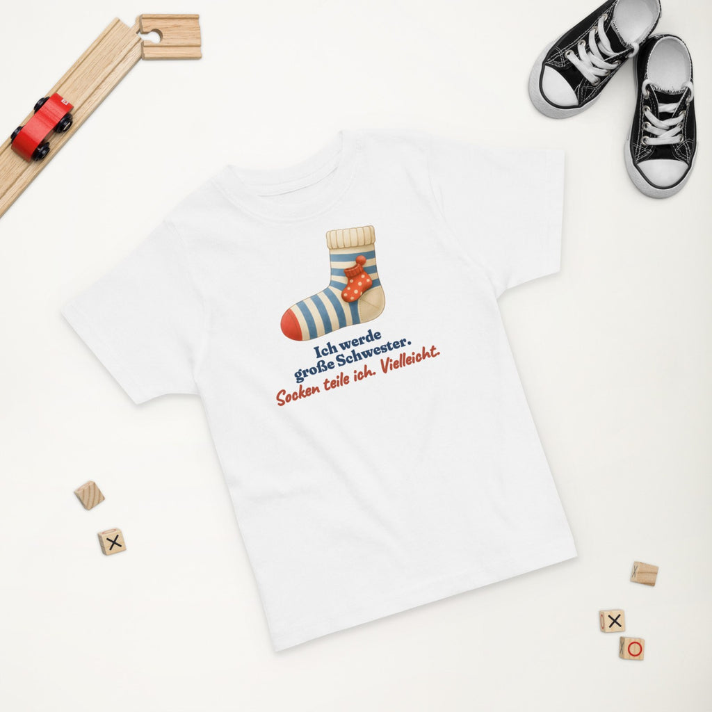 Ich werde große Schwester. Socken teile ich. Vielleicht. — Kleinkind-Shirt – Produktfoto