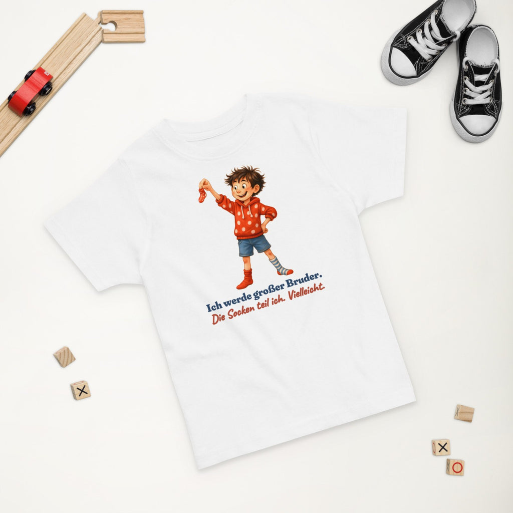 Ich werde großer Bruder. Die Socken teil ich. Vielleicht. — Kleinkind-Shirt – Produktfoto