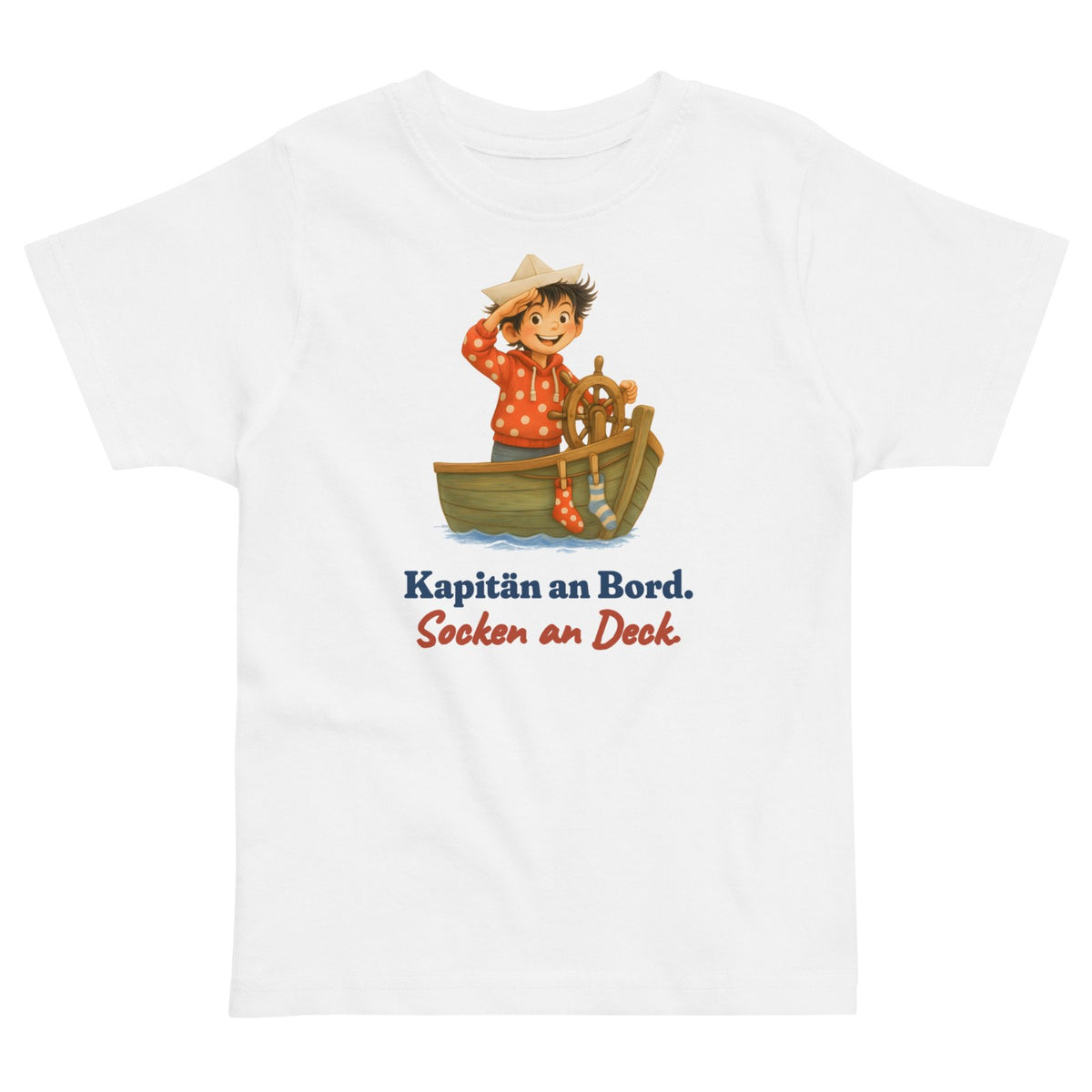 Kapitän an Bord. Socken an Deck. — Kleinkind-Shirt – Produktfoto