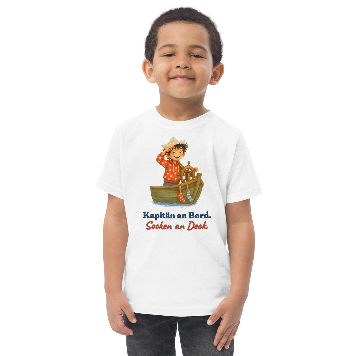 Kapitän an Bord. Socken an Deck. — Kleinkind-Shirt – Produktfoto