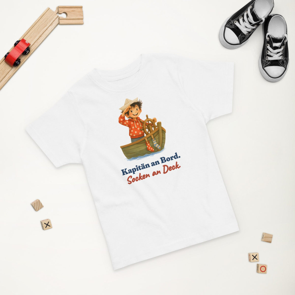 Kapitän an Bord. Socken an Deck. — Kleinkind-Shirt – Produktfoto