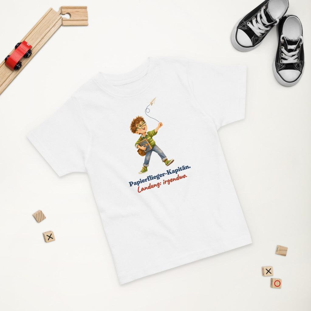 Papierflieger-Kapitän. Landung: irgendwo. — Kleinkind-Shirt – Produktfoto