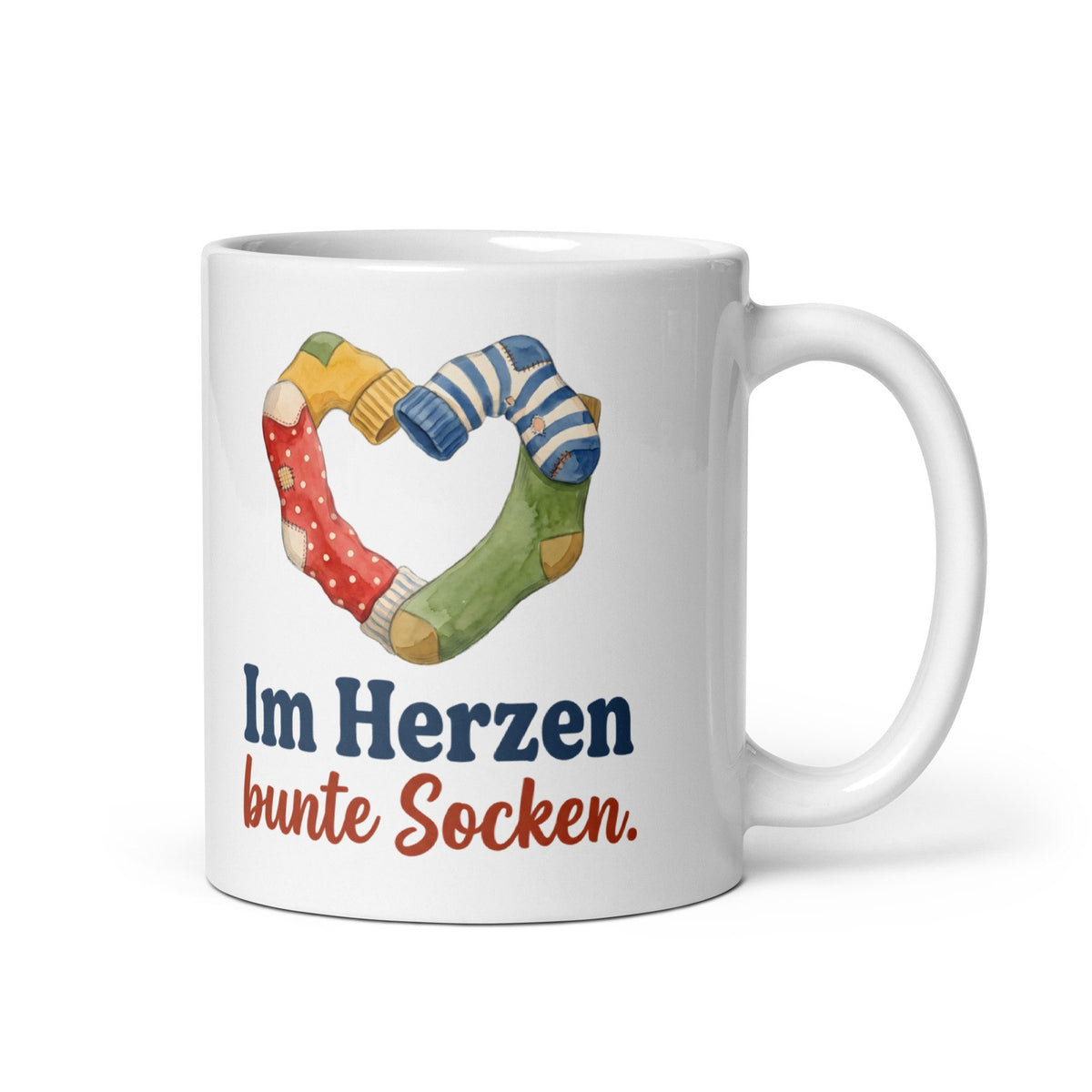 Im Herzen bunte Socken. – weiße Keramiktasse