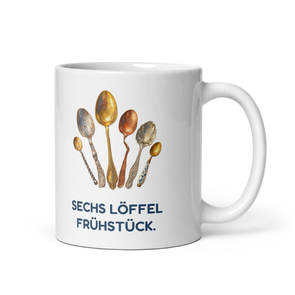Sechs Löffel Frühstück. – weiße Keramiktasse