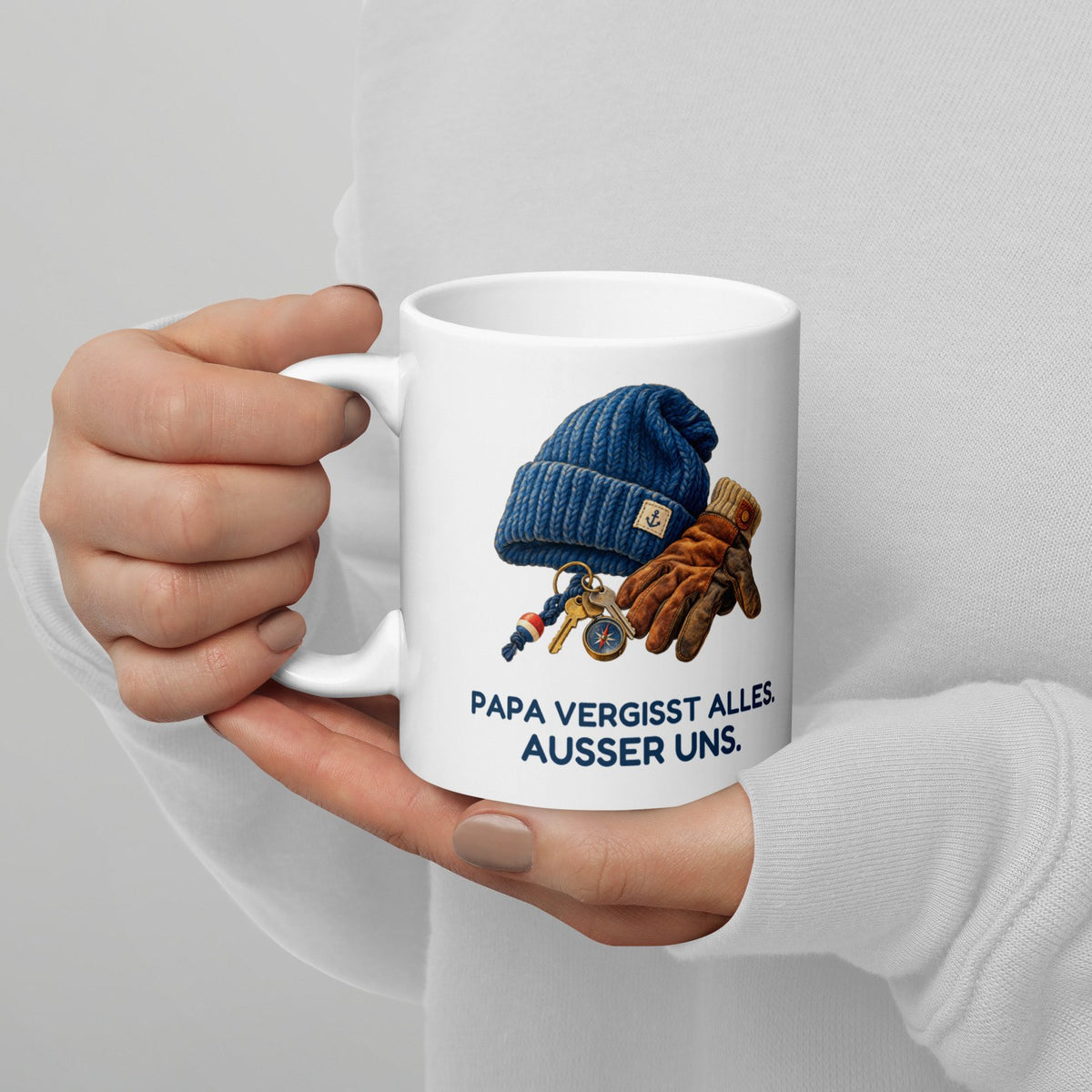 Papa vergisst alles. Außer uns. – weiße Keramiktasse