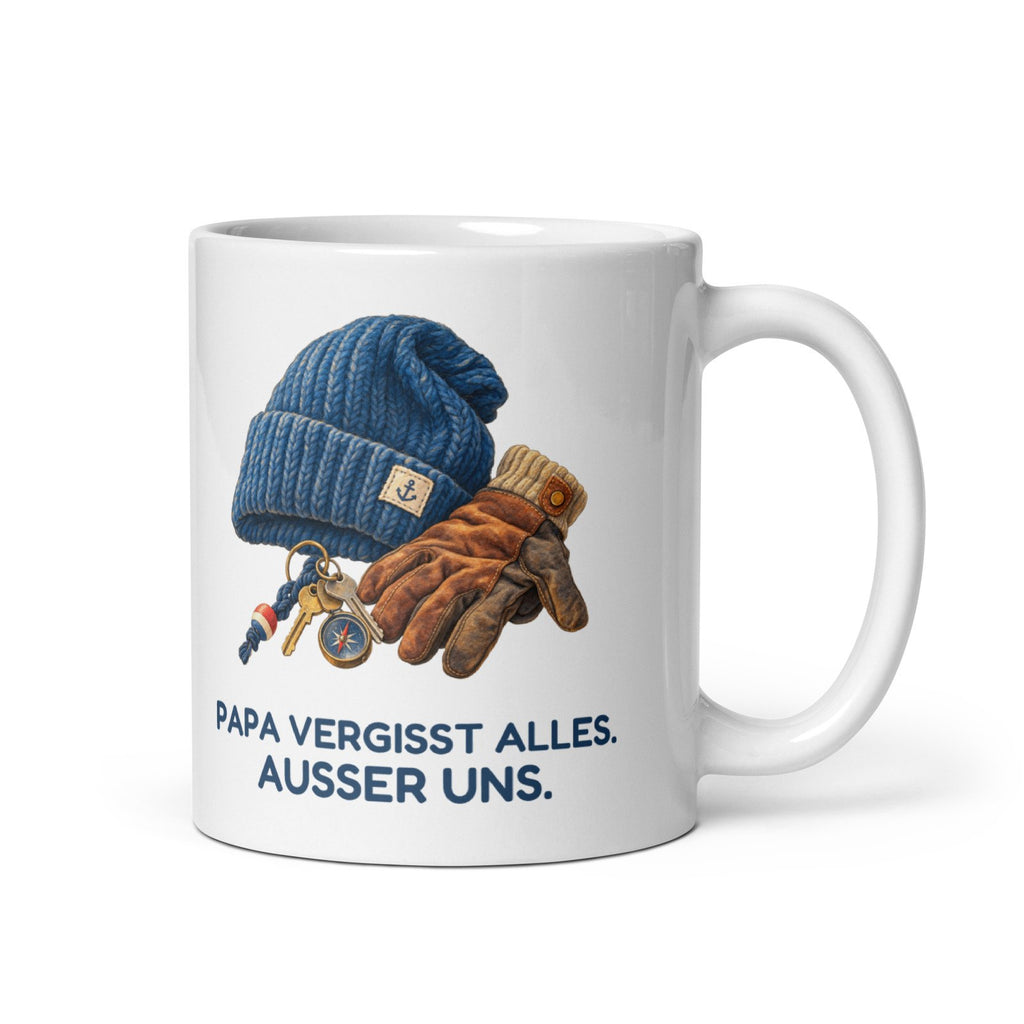 Papa vergisst alles. Außer uns. – weiße Keramiktasse